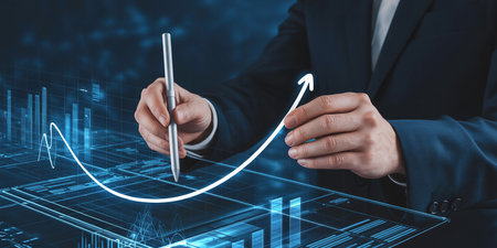 Close up of businessman drawing growing graph on virtual screen. Business growth conceptの素材