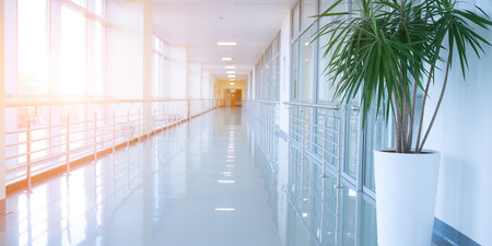 Long corridor of modern office building with white walls and white floor.の素材