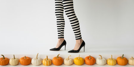 Female legs in black leggings and high-heeled shoes on a white background with pumpkinsの素材