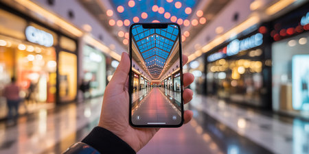 male hand holding smartphone with shopping mall in background,shopping conceptの素材