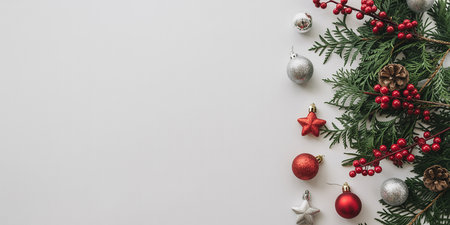 Christmas composition. Christmas, winter, new year concept. Flat lay, top view, copy spaceの素材