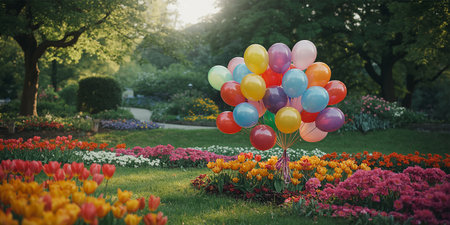 Colorful balloons in the garden with tulips. Vintage style.の素材