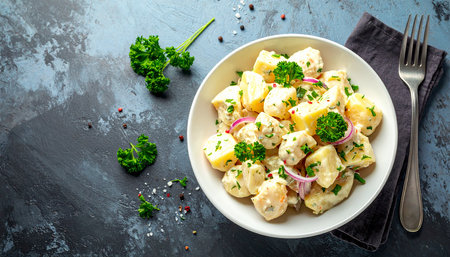 Potato salad with mayonnaise, red onion and parsleyの素材