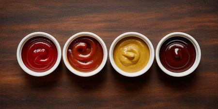 Ketchupnnaise and mustard in small bowls on wooden backgroundの素材