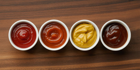 Ketchupnnaise and mustard in a bowl on wooden backgroundの素材