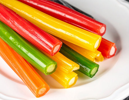 Colorful candies on a white plate. Close-up.の素材