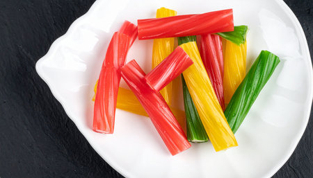 colorful jelly candies on a white plate over a black backgroundの素材