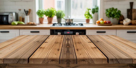Empty wooden table for product placement or montage with blurred background.の素材