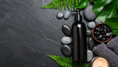 Spa composition with green leaves, stones and candles on dark backgroundの素材