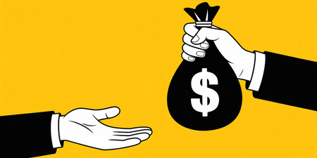 Vector illustration of a hand giving money bag to another hand for money transferの素材