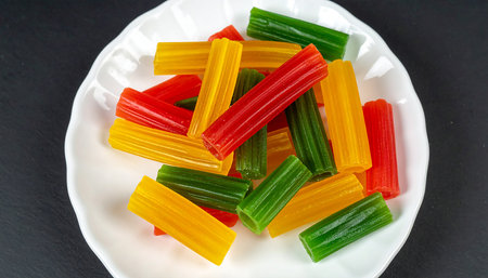 Colorful jelly candies on a white plate on a black backgroundの素材