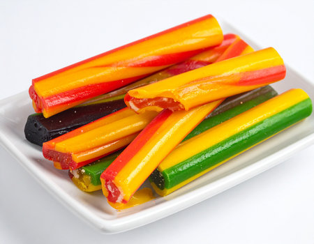 Colorful jelly candy in white plate on white background, Thailand.の素材