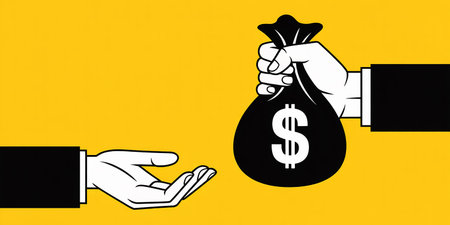 Hand holding money bag on yellow background. Concept of saving money.の素材