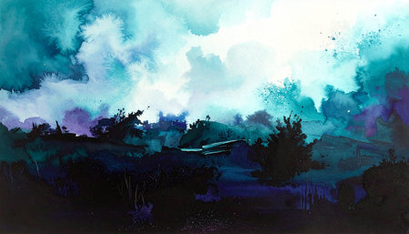 Watercolor painting of rural landscape with blue sky and clouds. Illustrationの素材