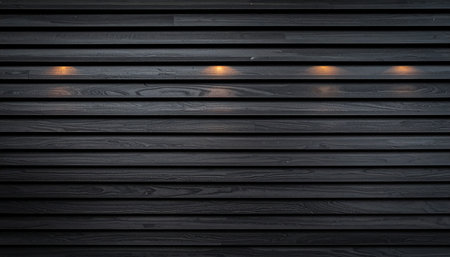 Wooden wall with wooden planks and lights. Black background.の素材