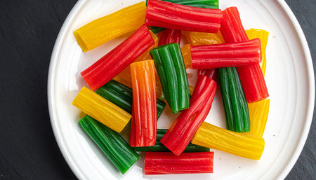 Colorful jelly candies on a white plate on a black backgroundの素材