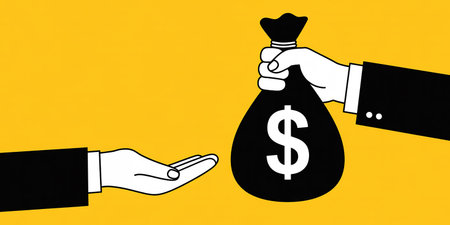 Hand holding money bag with dollar sign on yellow background. Concept of financial business.の素材