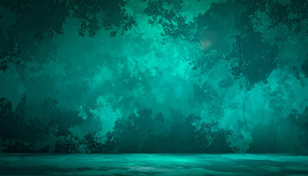 3D illustration of a grunge green background with forest and fogの素材