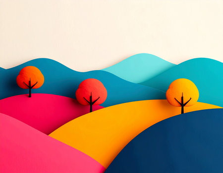 Autumn background with colorful paper cut trees. Paper art style.の素材