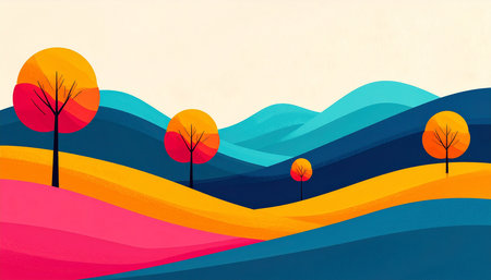 Autumn landscape with trees and hills. Vector paper art illustration.の素材