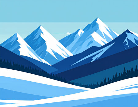 Winter landscape with mountains and forest. Vector illustration in flat style.の素材