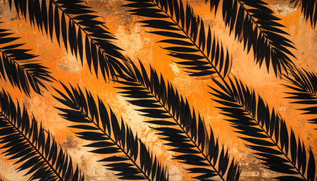Black palm leaves on orange grunge textured background with copy spaceの素材
