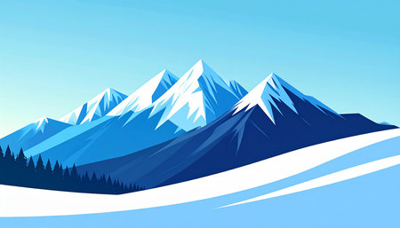 Snowy mountain peaks in the blue sky. Vector illustration for your designの素材