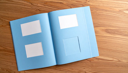 Blank photo album on wooden background, top view. Mockup for designの素材