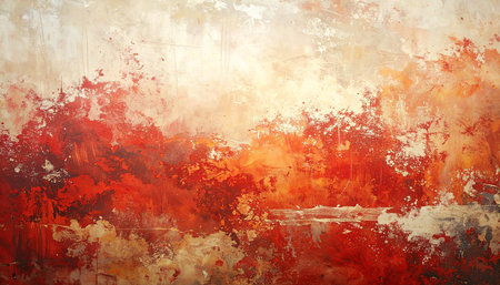 abstract background - red and orange watercolor paint on old wallの素材