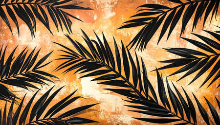 Tropical palm leaves on grunge orange background. Summer concept.の素材