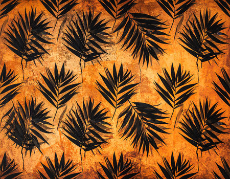 Tropical palm leaves on grunge orange background. Toned.の素材