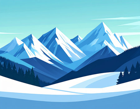 Winter landscape with snowy mountains and coniferous forest. Vector illustration.の素材