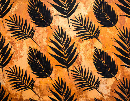 Tropical black leaves on grunge orange background. Seamless patternの素材