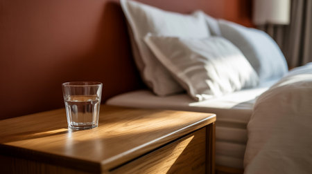 A glass of water on a wooden table and a bed in the backgroundの素材