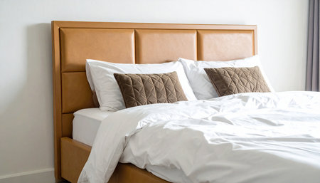 Interior of a hotel bedroom with brown pillows on a bedの素材