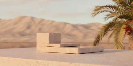 3d render of marble podium with palm tree on the background.の素材