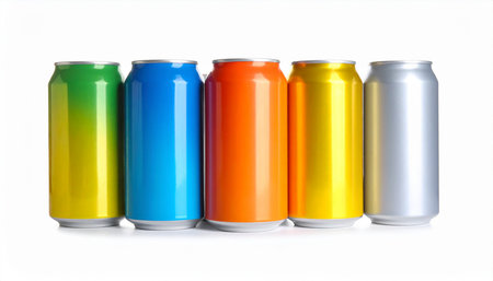 Colorful soda cans isolated on white background, clipping path included.の素材