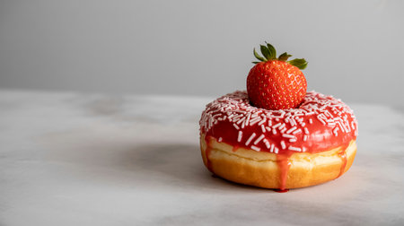 Strawberry donut on a white marble background with copy spaceの素材