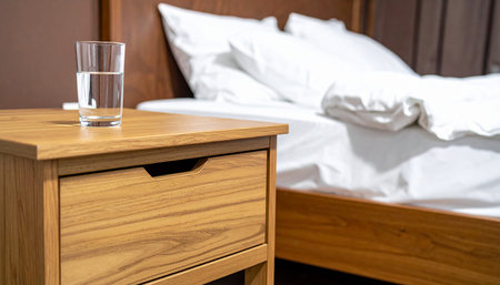 Glass of water on bedside table in the hotel room, stock photoの素材