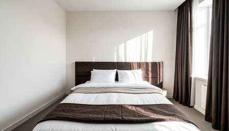 Interior of a hotel bedroom, double bed with brown linensの素材
