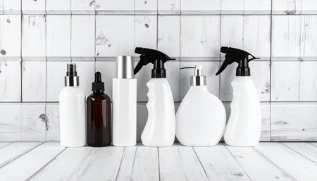 Plastic bottles of shampoo, conditioner, shower gel, conditioner and liquid soap.の素材