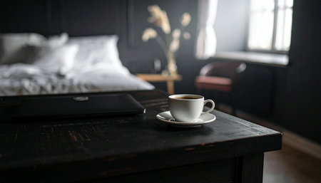 Cup of coffee on a wooden table in the interior of the bedroomの素材