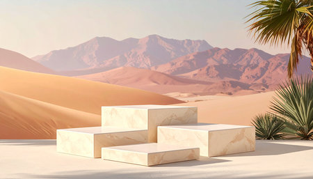 White marble podiums in the desert. 3d render illustration.の素材