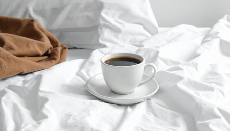 Cup of coffee on white bedding with blanket, closeupの素材