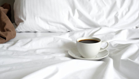 Coffee cup on the bed in the morning, stock photoの素材