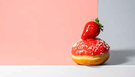 Delicious donut with strawberry on white and pink background, copy spaceの素材