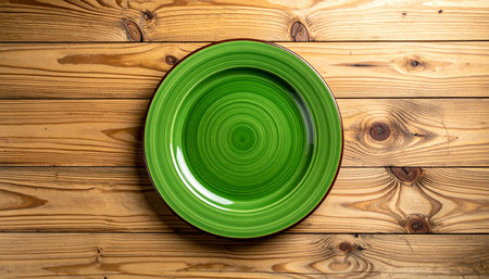Empty green plate on wooden background. Top view. Copy space.の素材
