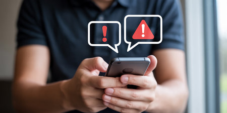 Man using smart phone with exclamation mark icon on the screen.の素材