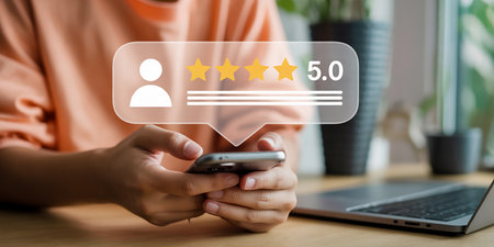 Customer review concept. Young man using mobile phone with 5 star rating icon.の素材