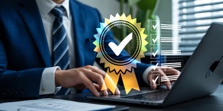 Quality control approval check mark. Businessman working with laptop computer.の素材